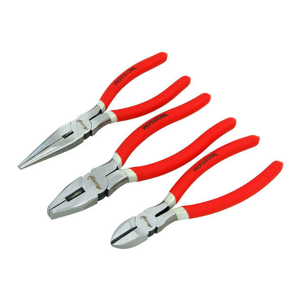 Neilsen CT0961 3-piece 200mm pliers set laid out showing Side Cutter, Combination Plier and Long Nose Plier with precision polished finish and red PVC handles