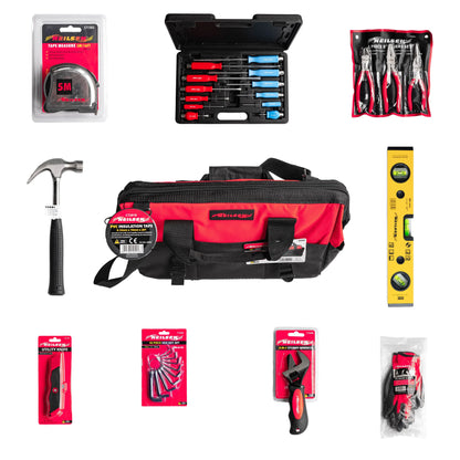 Ultimate 24pcs Home DIY & Tradesman Starter Tool Kit – 12pcs Magnetic Screwdrivers Set, 3pc Pliers Set, 20oz Claw Hammer, Tape Measure, Spirit Level Laser, Tool Bag & More