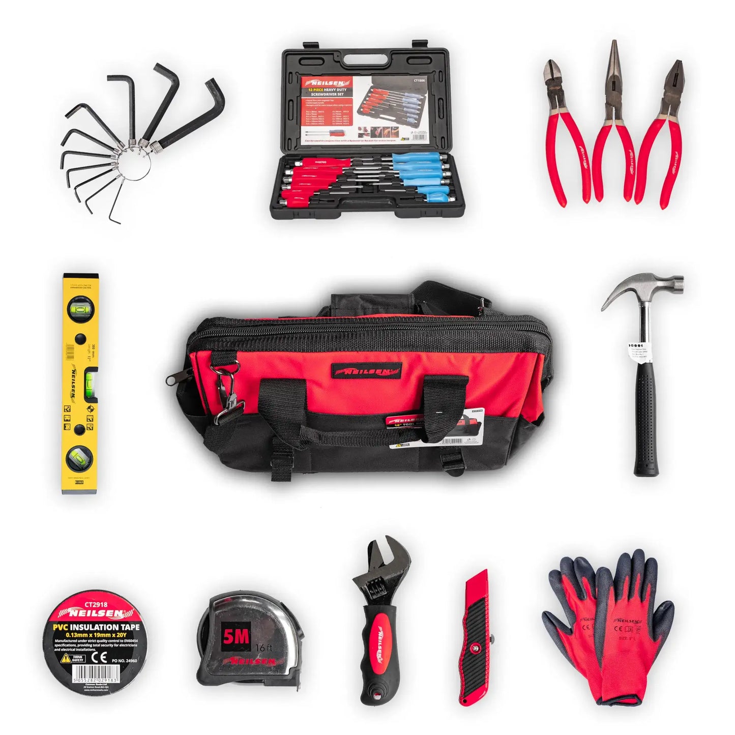 Ultimate 24pcs Home DIY & Tradesman Starter Tool Kit – 12pcs Magnetic Screwdrivers Set, 3pc Pliers Set, 20oz Claw Hammer, Tape Measure, Spirit Level Laser, Tool Bag & More