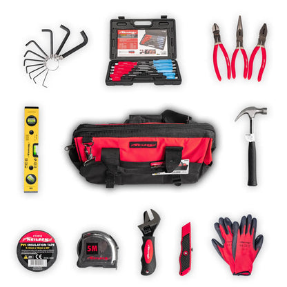 Ultimate 24pcs Home DIY & Tradesman Starter Tool Kit – 12pcs Magnetic Screwdrivers Set, 3pc Pliers Set, 20oz Claw Hammer, Tape Measure, Spirit Level Laser, Tool Bag & More