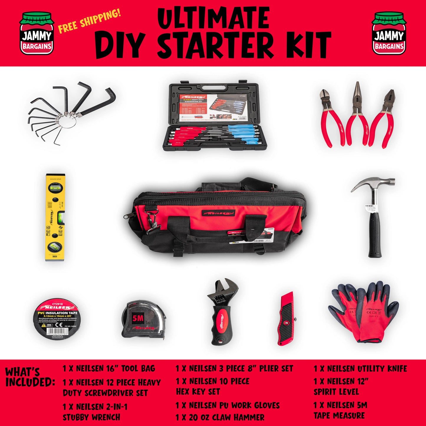 Ultimate 24pcs Home DIY & Tradesman Starter Tool Kit – 12pcs Magnetic Screwdrivers Set, 3pc Pliers Set, 20oz Claw Hammer, Tape Measure, Spirit Level Laser, Tool Bag & More