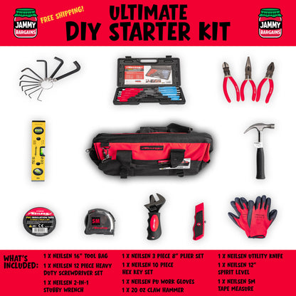 Ultimate 24pcs Home DIY & Tradesman Starter Tool Kit – 12pcs Magnetic Screwdrivers Set, 3pc Pliers Set, 20oz Claw Hammer, Tape Measure, Spirit Level Laser, Tool Bag & More