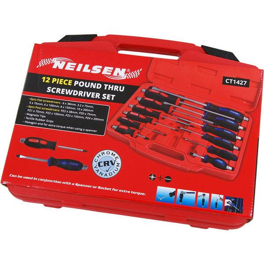 12pc Magnetic Pozi + Slotted Professional Screwdriver Set Hex Bolsters Rubber Grips -  Flat Phillips Pozi Slotted