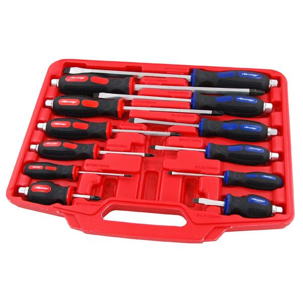 12pc Magnetic Pozi + Slotted Professional Screwdriver Set Hex Bolsters Rubber Grips -  Flat Phillips Pozi Slotted