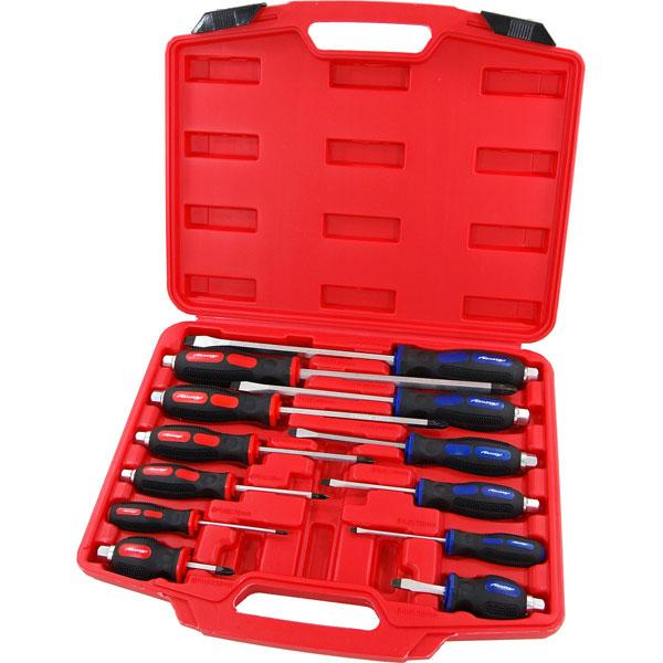 12pc Magnetic Pozi + Slotted Professional Screwdriver Set Hex Bolsters Rubber Grips -  Flat Phillips Pozi Slotted