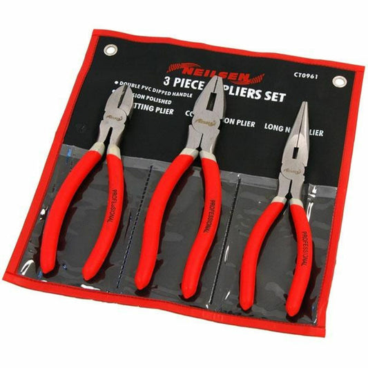 Neilsen CT0961 3-piece 200mm pliers set showing Combination Plier, Long Nose Plier and Side Cutter laid out in roll-up PVC storage wallet