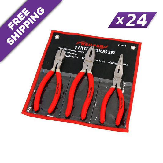 Full case of 24 Neilsen CT0961 3-piece 200mm pliers sets showing all three pliers in PVC wallet with x24 quantity badge